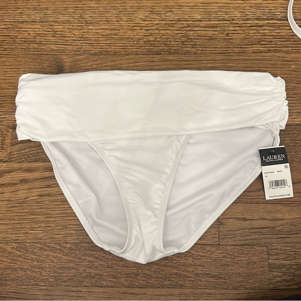 Lauren Ralph Lauren Beach Club White Scoop Ruched White Bikini Bottom.